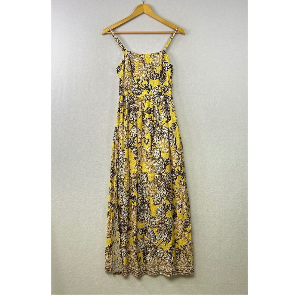 Boho Floral Socialite Womens Small Yellow Smocked Back Maxi Sun Dress Tropical